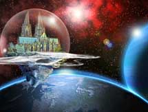 Weltkulturerbe Kölner Dom im Weltraum mit Jupiter